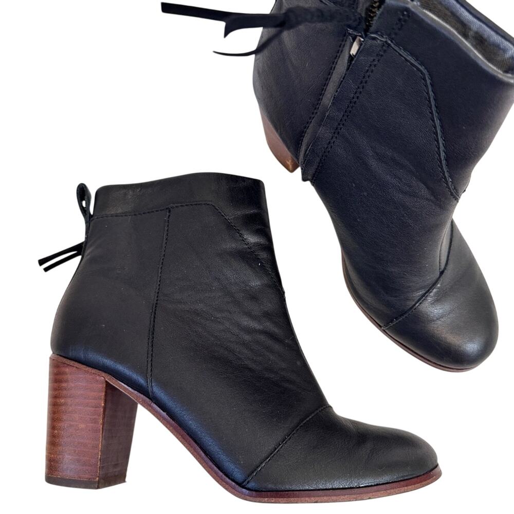 Toms Black Leather Ankle Heeled Boots Womens 8.5 Fall Casual Classic Booties